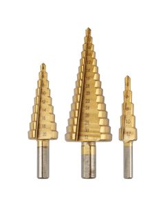 Wiertła stopniowe: 4-12, 4-20, 4-32 mm, TiN, zestaw 3 szt. 54T300