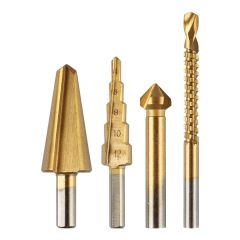 Wiertła stopniowe 4-12 mm, rozwiertak 12.4 mm, frezowiertło 6x90 mm, pogłębiacz stożkowy 8-20 mm TiN 54T301