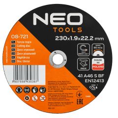 Tarcze tnące do metalu/INOX 230 x 1.9 x 22,2mm, 41 A46-S-BF, 25 szt. kartonik. Wyprodukowano w PL 08-721
