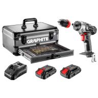 Zestaw Energy+ w walizce aluminiowej: wiertarko wkrętarka 18V 10mm, akumulator 2x2Ah, 109 akcesoriów 58G022-PS15